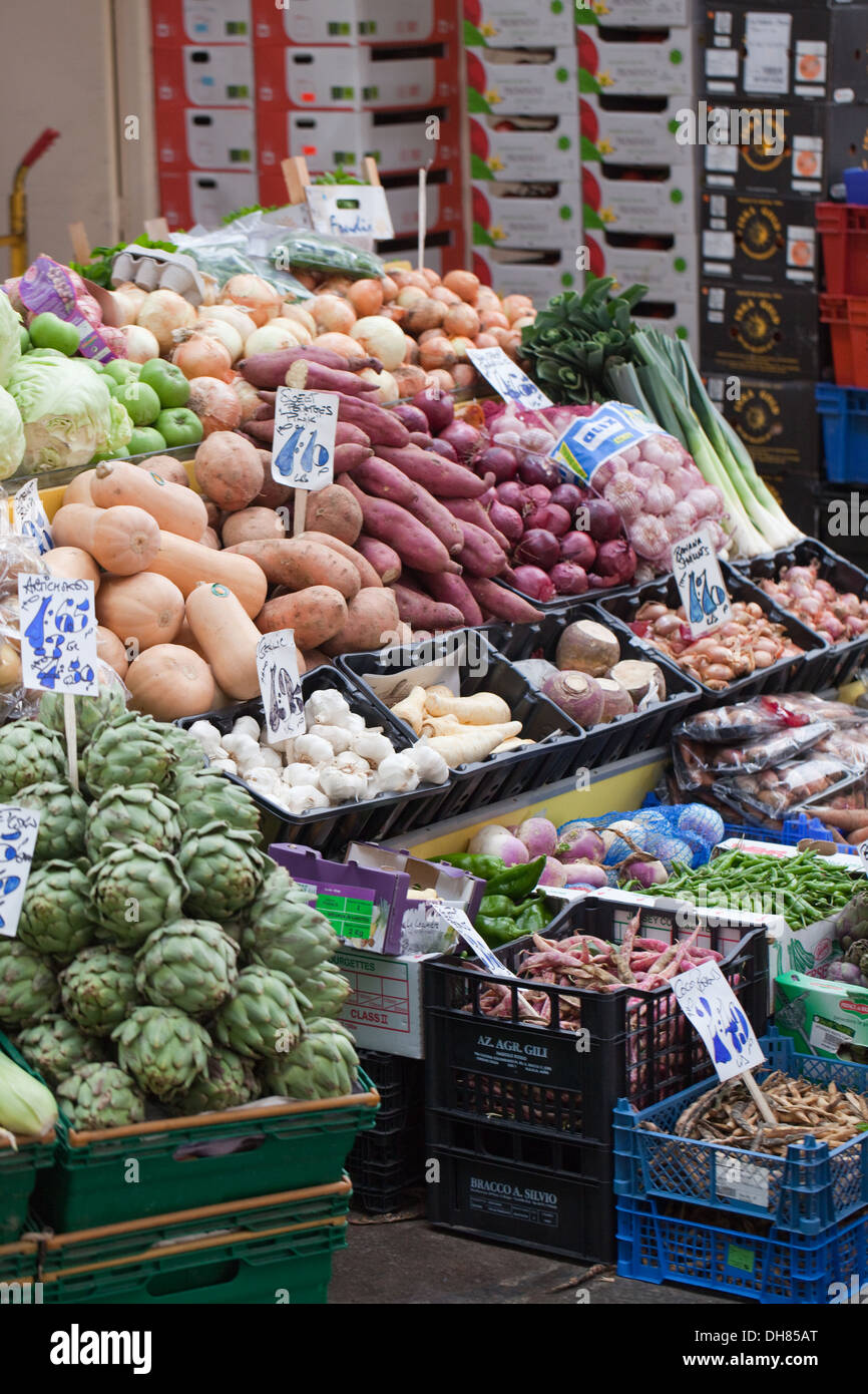 Central Market. Vegetable stall. Halkett Place. St Helier. Jersey. Channel Islands. England. UK. Stock Photo