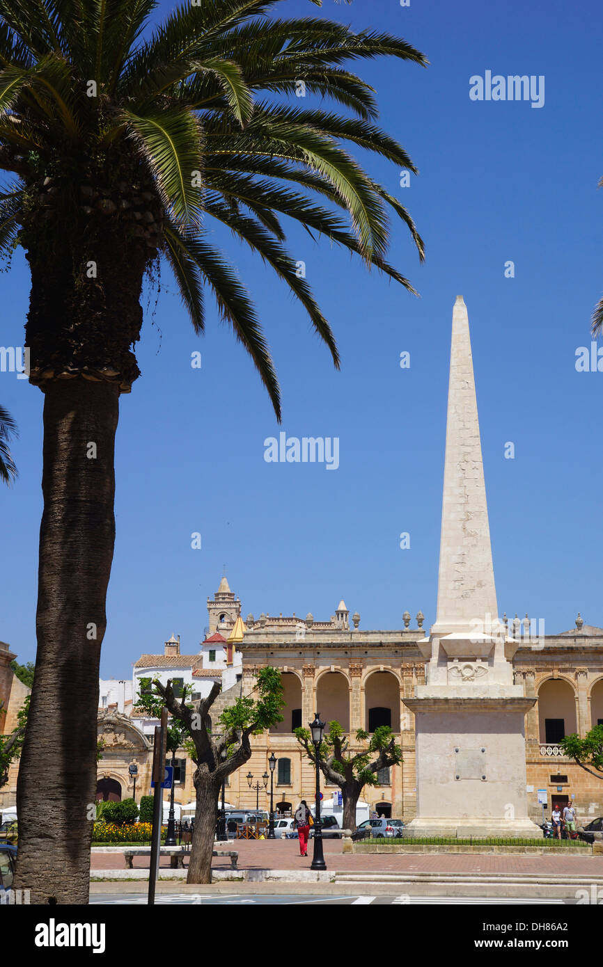 obelisk at placa des born, street scene, ciutadella, menorca, spain Stock Photo