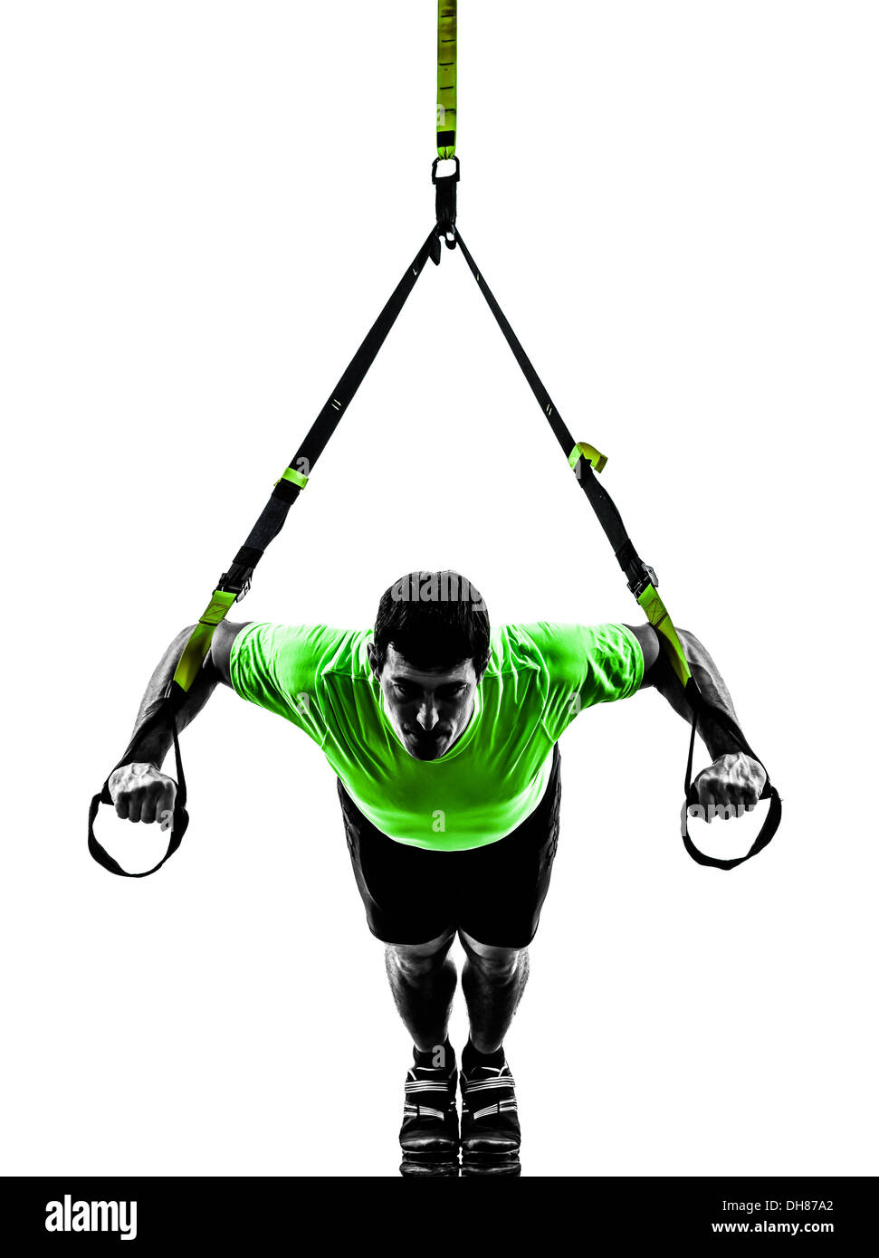 one man exercising suspension training trx on white background Stock