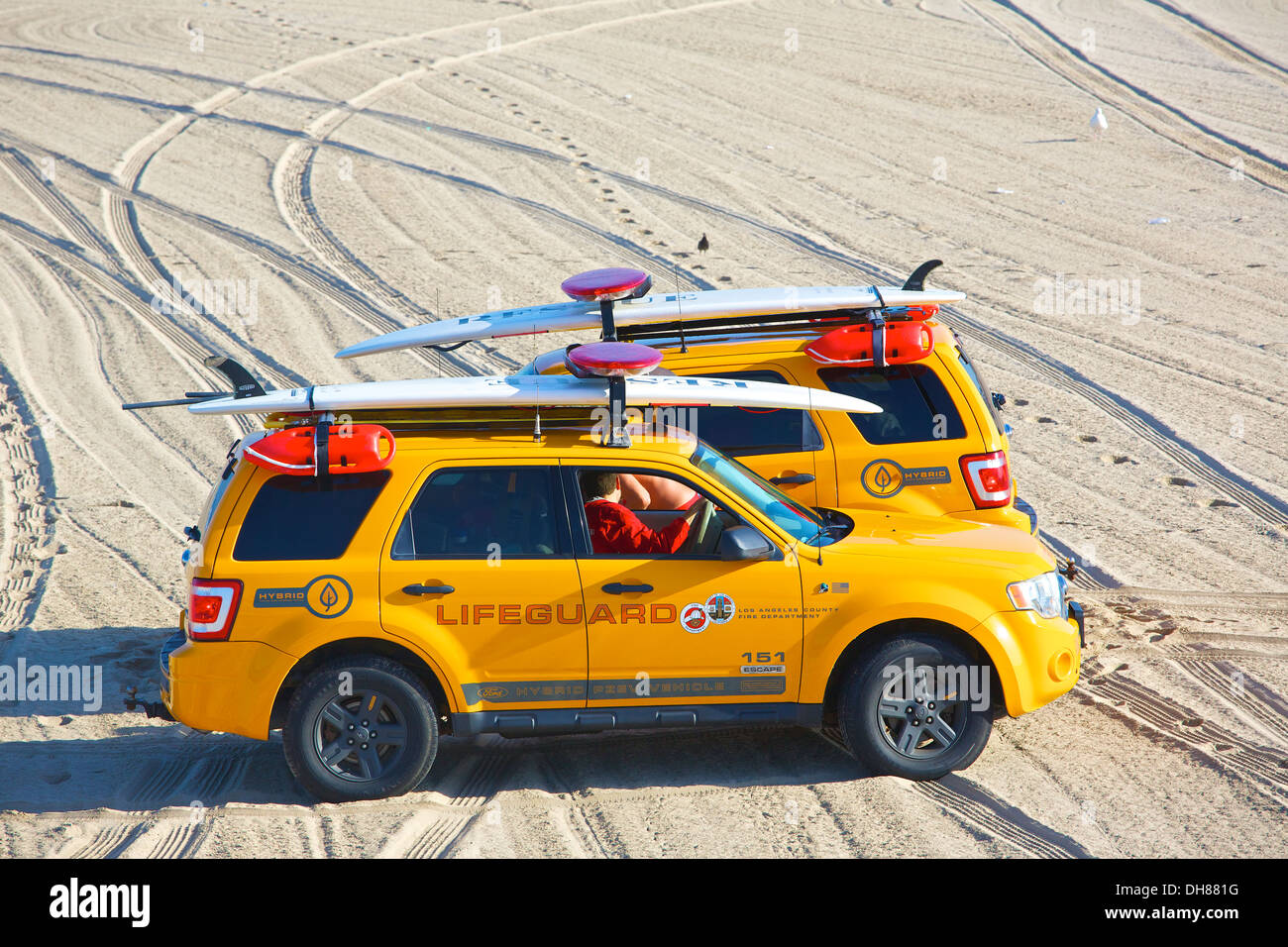 Two Lifeguards talk to each other from their SUVs on Hermosa Beach