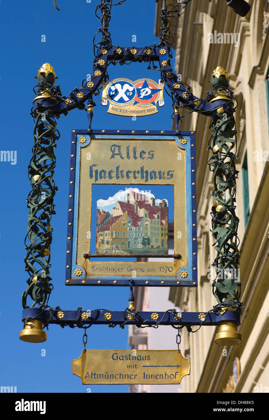 Hanging sign, Altes Hackerhaus, Sendlinger Strasse, Altstadt-Lehel district, Munich, Bavaria Stock Photo