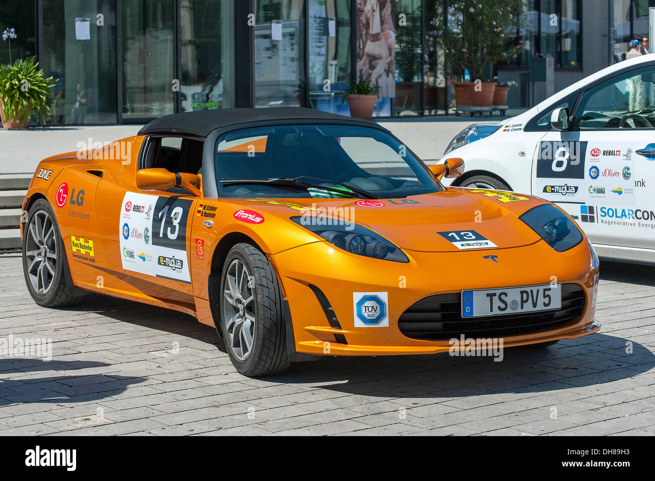 Tesla Roadster, an American electric sports car before the prologue of the e-miglia 2012 from Munich to St. Moritz, Munich Stock Photo