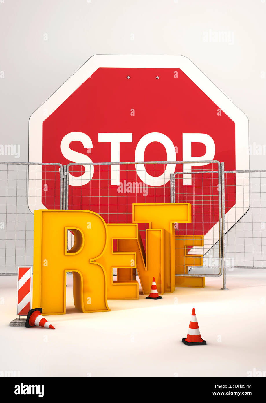 Stop sign, building site, 'Rente', German for 'pensions', 3D illustration Stock Photo