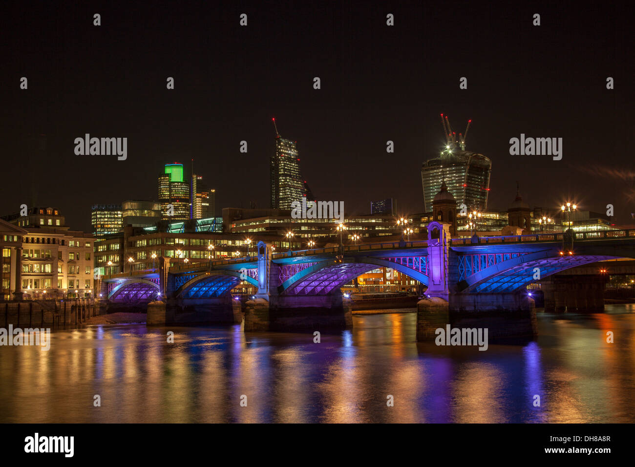 Southwark Bridge across River Thames at Night Stock Photo