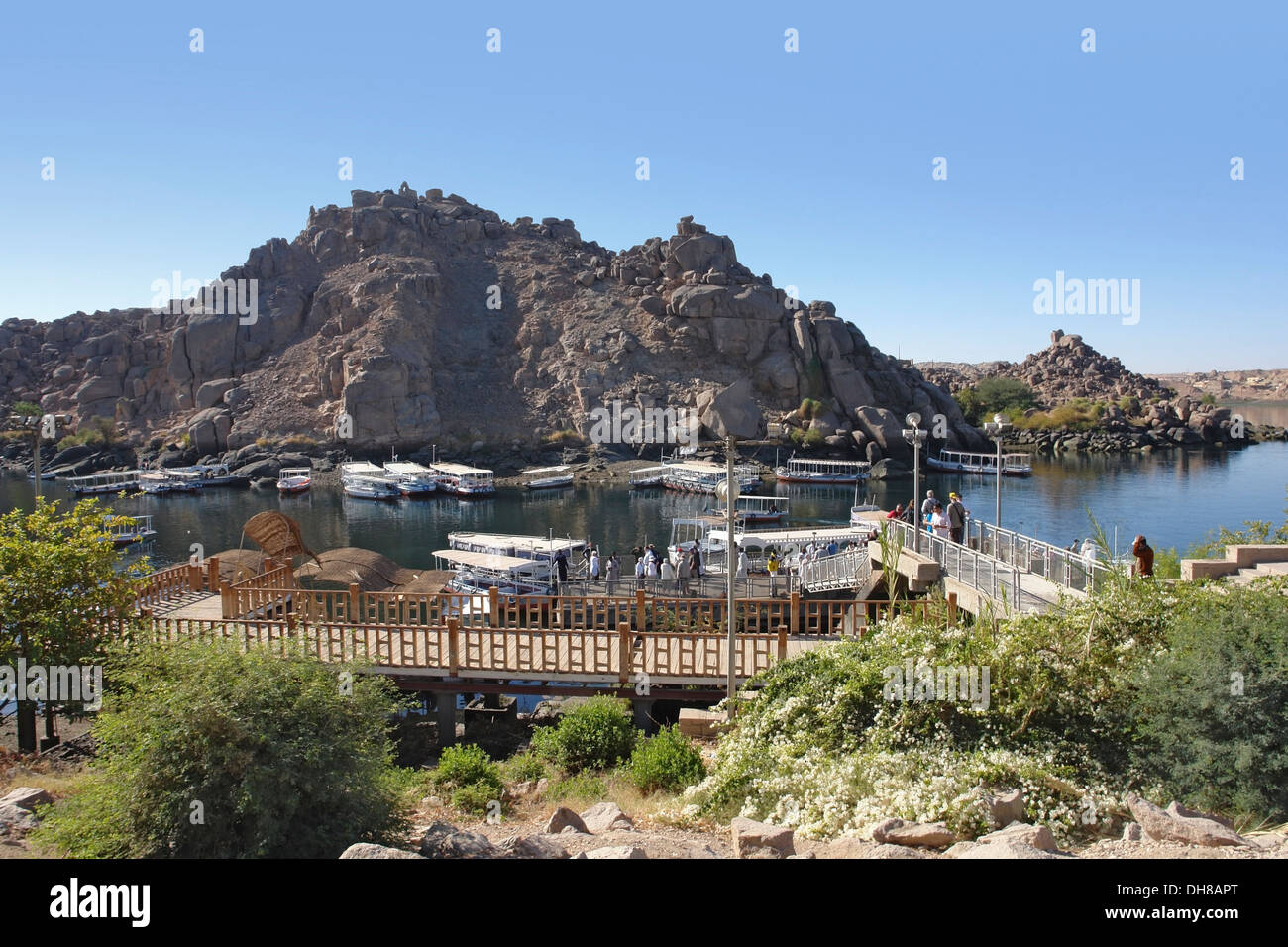 river nile with passenger boats near the Temple of Philae in Egypt (Africa) Stock Photo