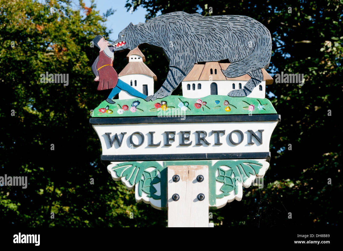 The village sign of Wolferton in Norfolk. Stock Photo