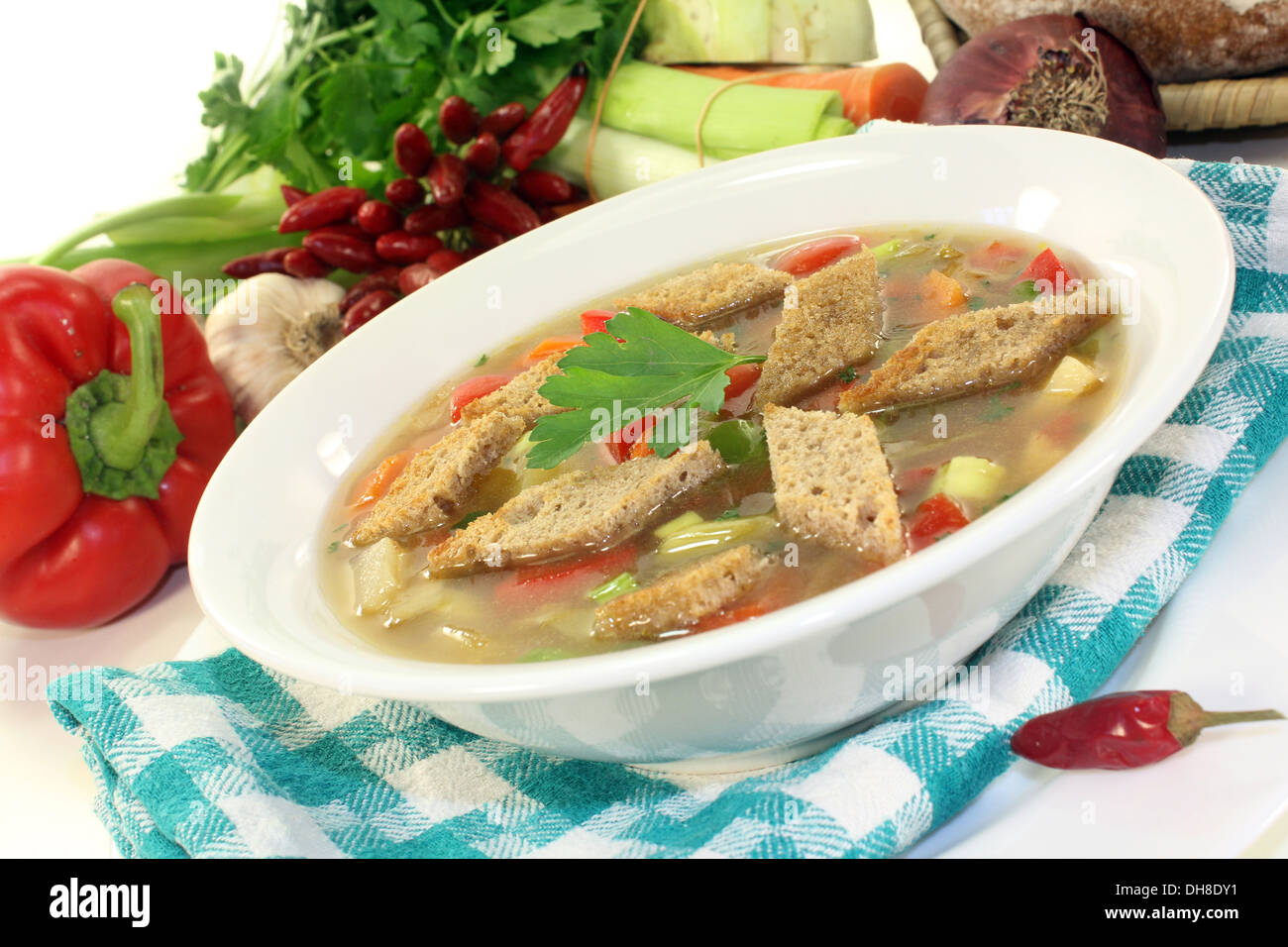 a plate with a colorful bread soup Stock Photo