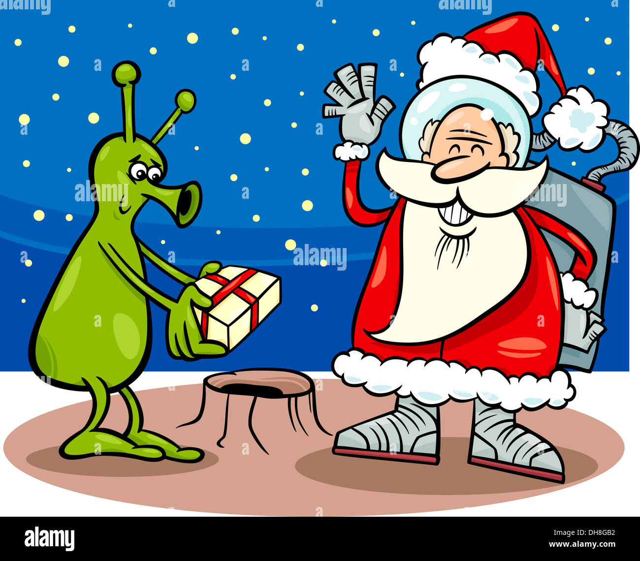 Cartoon Illustration of Santa Claus in Space giving Christmas Present to  Funny Alien Stock Photo - Alamy