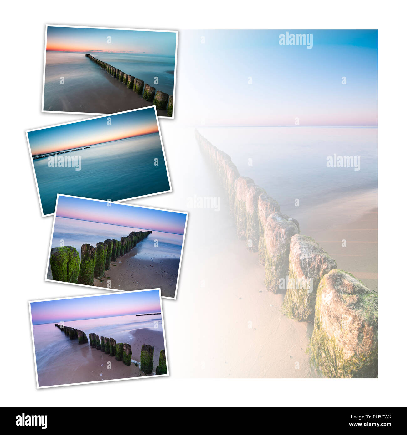 Postcard collage design with four images of breakwaters at Baltic Sea shoreline Stock Photo