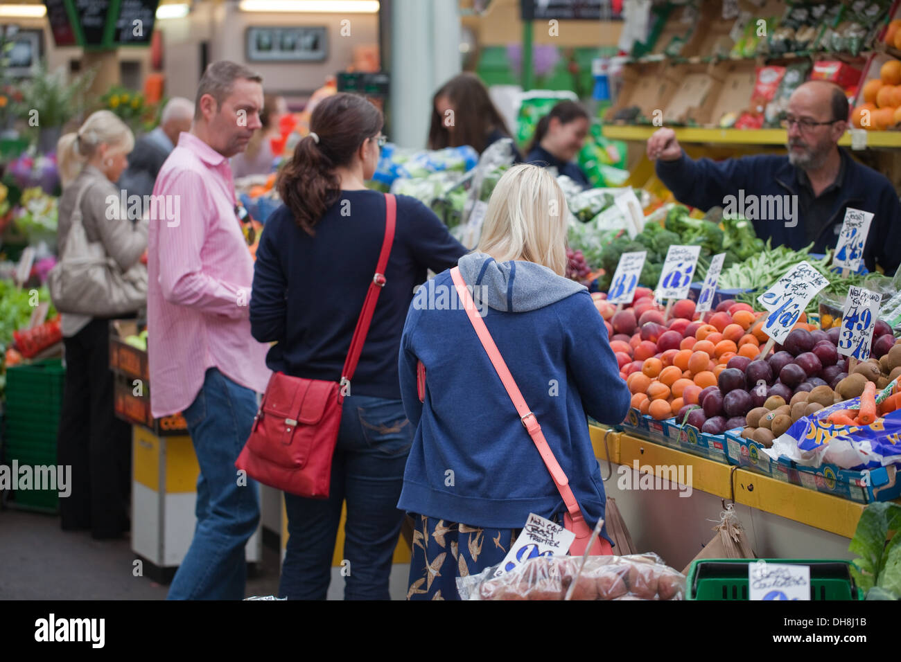 Central Market. Fruit and vegetable stall. Halkett Place. St Helier. Jersey. Channel Islands. England. UK. Stock Photo