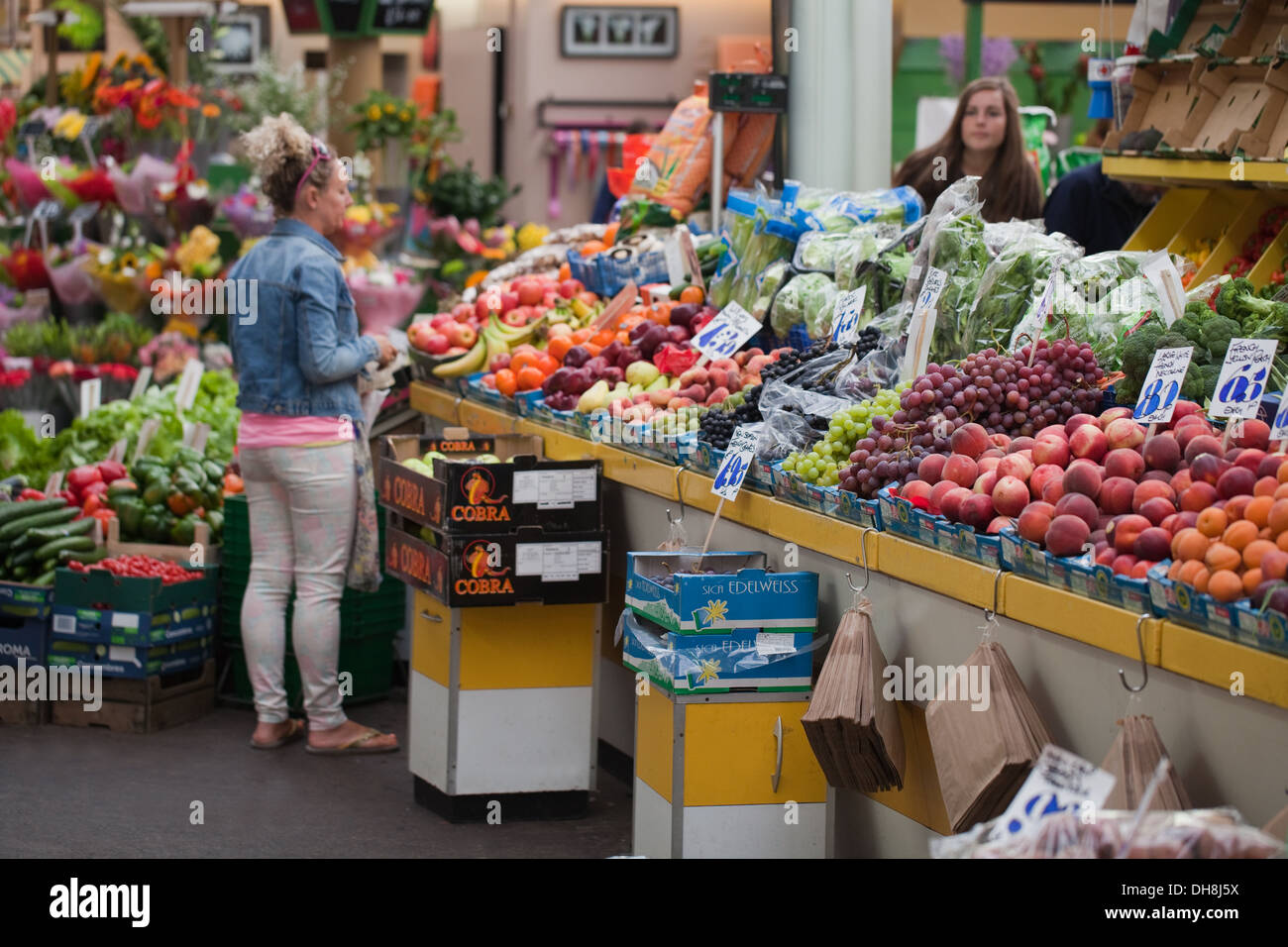 Central Market. Fruit and vegetable stall. Halkett Place. St Helier. Jersey. Channel Islands