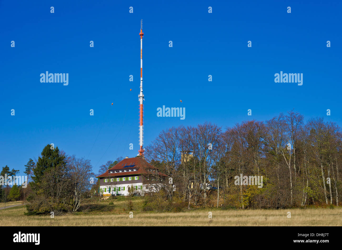 The Nagelehaus House, antenna tower and look-out on Raichberg Mountain, Swabian Alb near Albstadt, Germany. Stock Photo