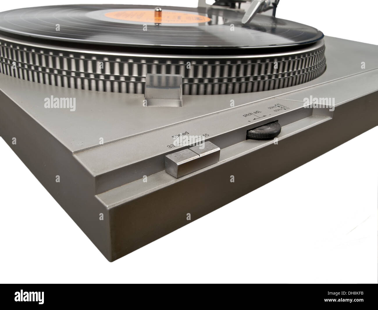 angle view of turntable and record playing on Stock Photo