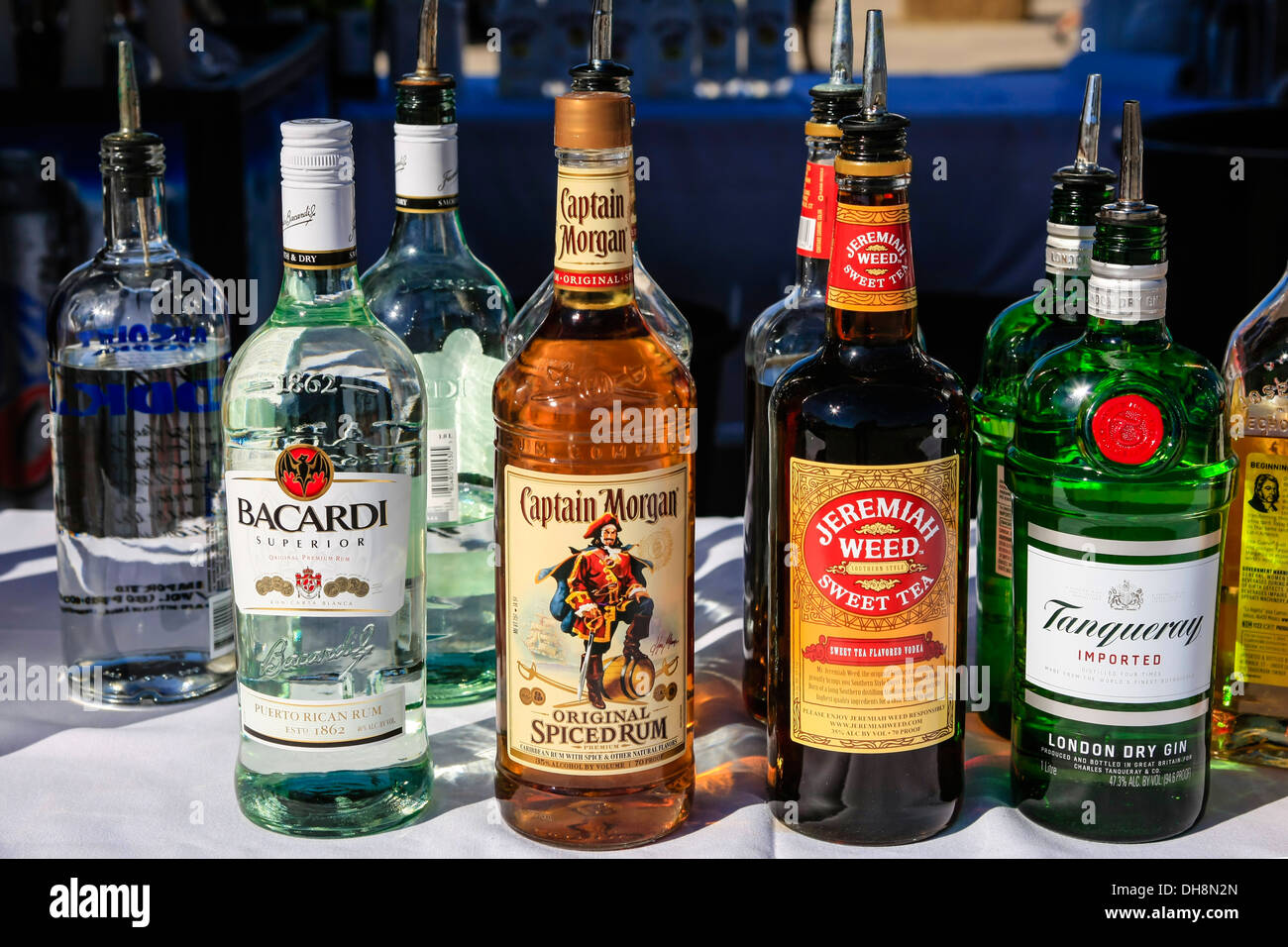 Bottles of hard liquor - Whiskey, Rum, Vodka Stock Photo