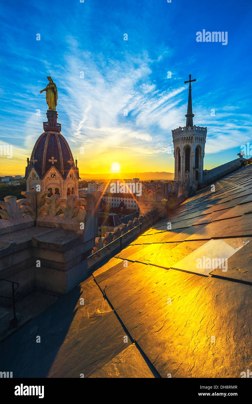 Sunset on the top of basilica, Lyon, France Stock Photo