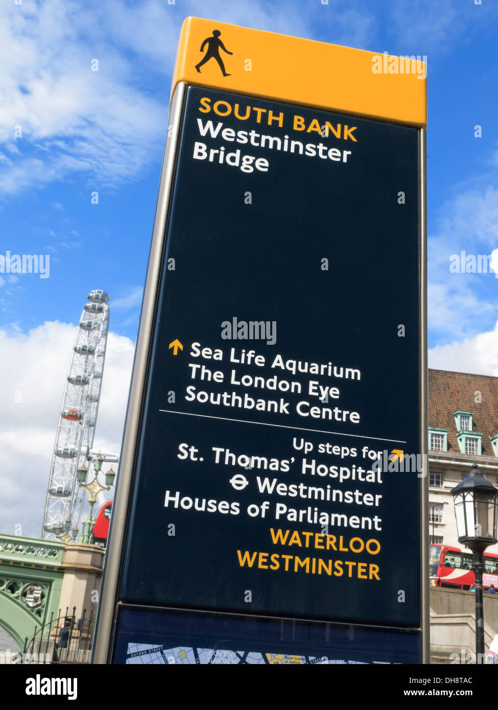 London Eye and South Bank Directional Sign Westminster Bridge Westminster London England Stock Photo