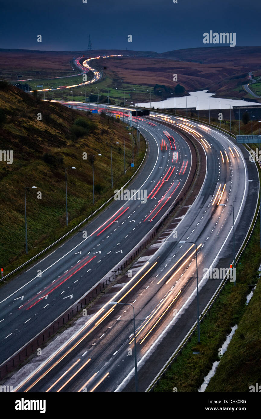 The M62 Motorway looking west from Scammonden Bridge towards Stott Hall Farm and Booth Wood Reservoir. Stock Photo