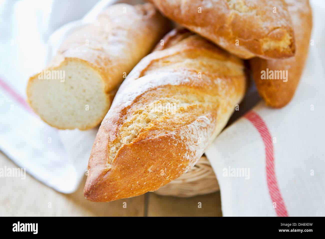 French Bread ( Baguettes ) in a bamboo basket Stock Photo