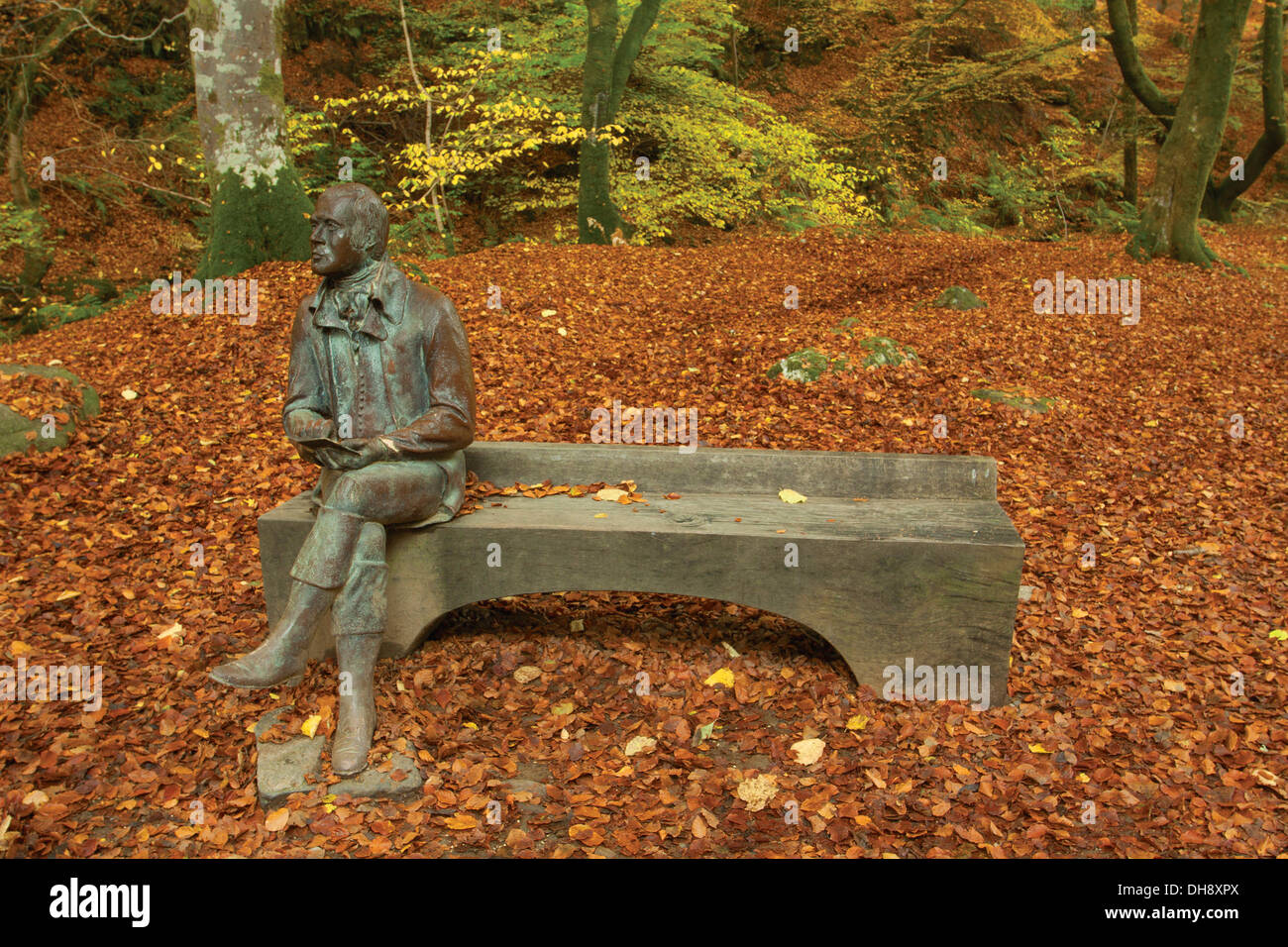 Robert Burns statue and the Birks of Aberfeldy in autumn, Aberfeldy, Perthshire Stock Photo