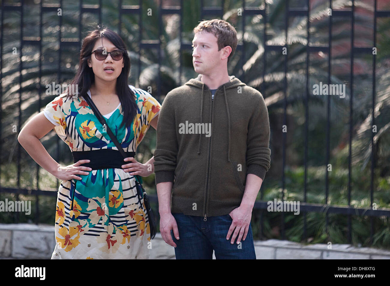 Mark Zuckerberg and his girlfriend Priscilla Chan walking in Downtown