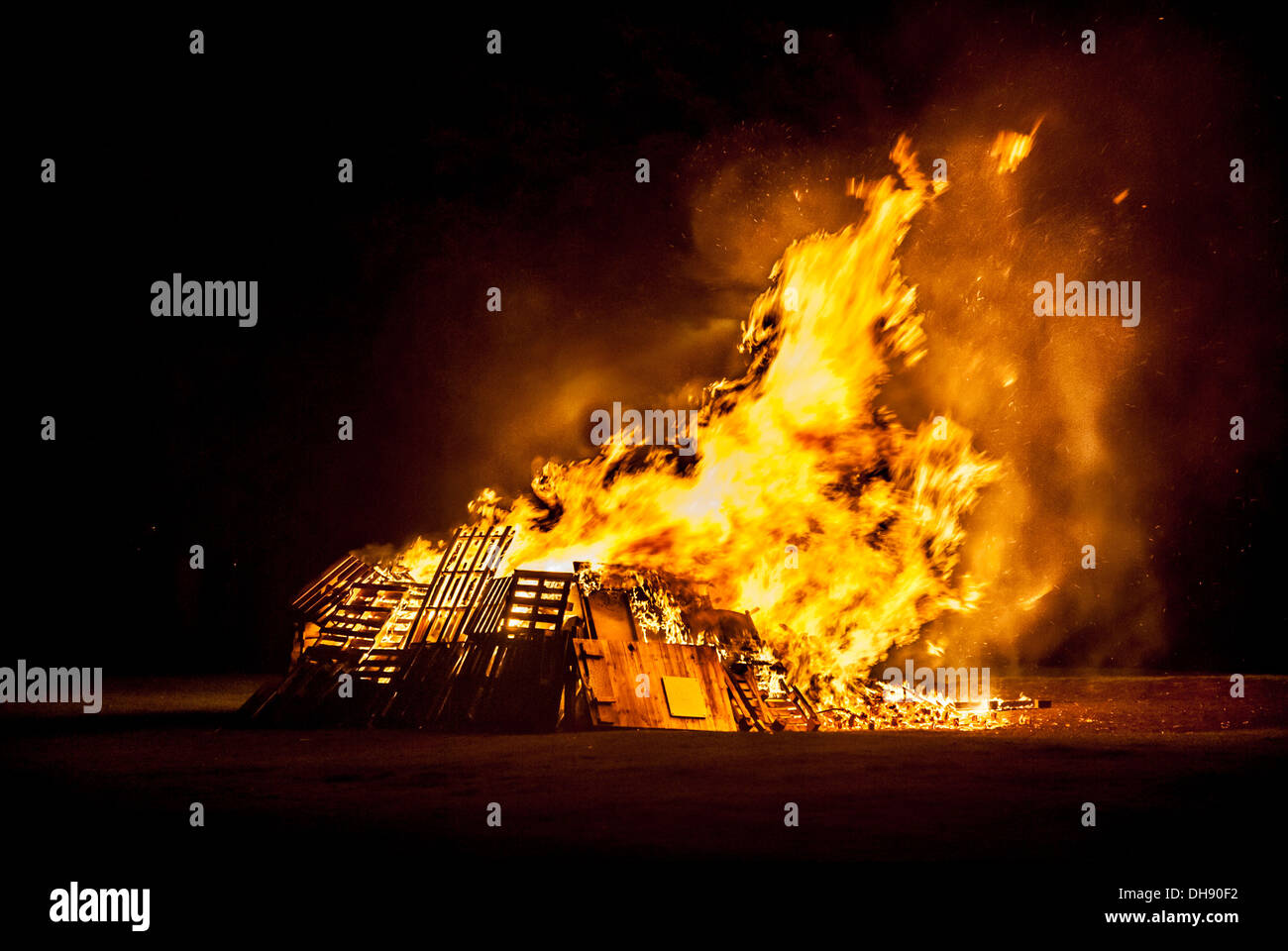 Blazing bonfire on Guy Fawkes night November the 5th. Stock Photo