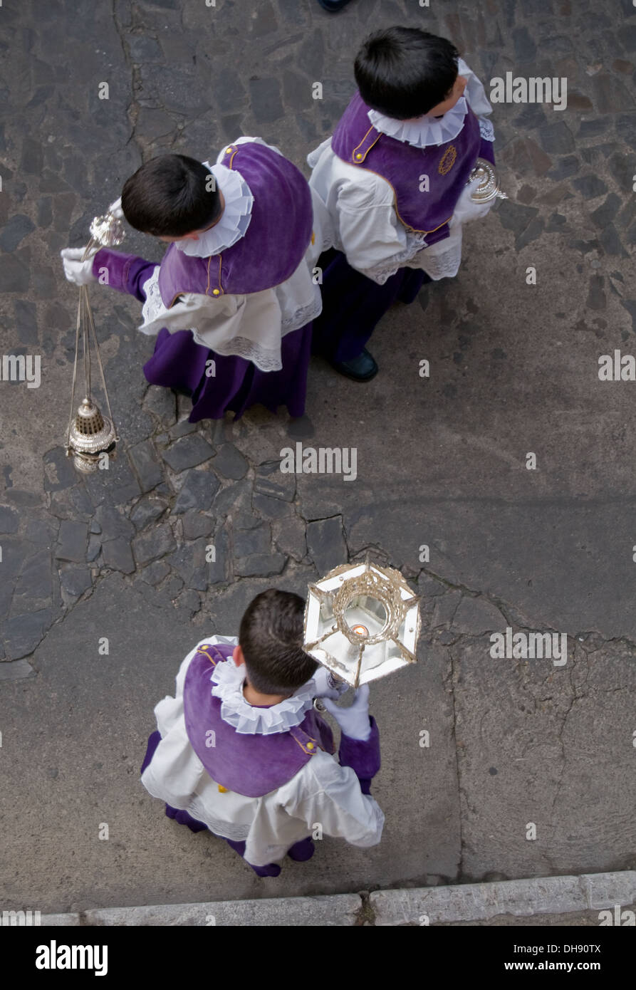 Altar boys during processions in Holy Week. Is the most important religious festivity. Spain  Stock Photo