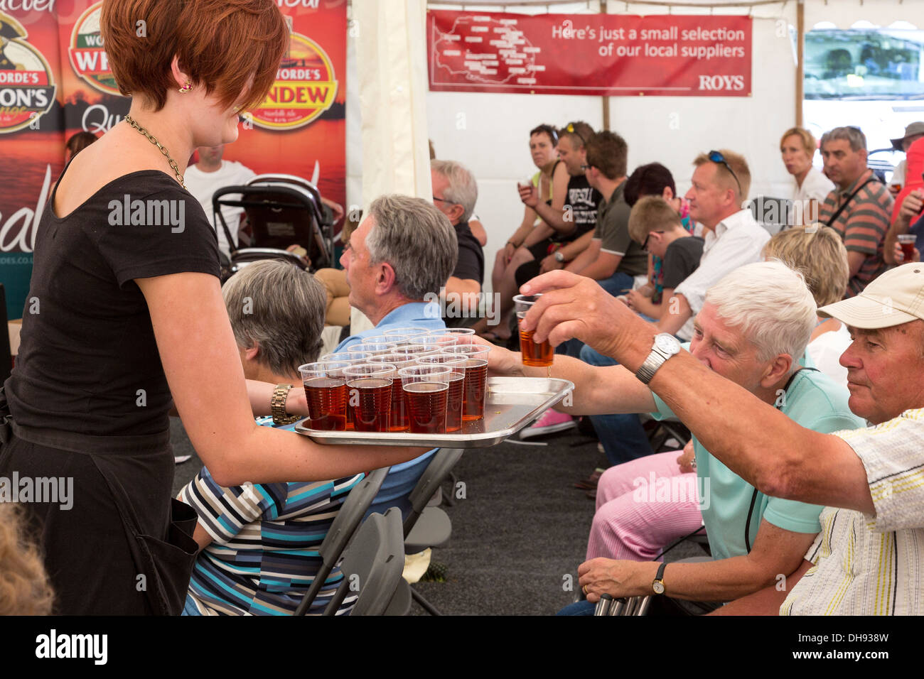 Beer tasting in the Cookery Theatre marquee at the Aylsham Agricultural Show, Norfolk, UK. Stock Photo