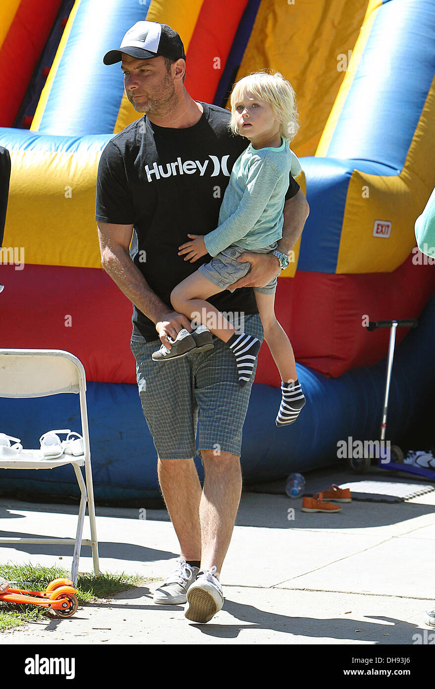 Liev Schreiber holds his son Samuel Kai at a farmers market in Brentwood Los Angeles California - 01.04.12 Stock Photo