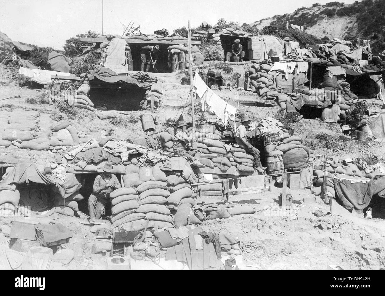 Australian troops dug into the hillside at Gaba Tepe on the Gallipoli peninsular Stock Photo