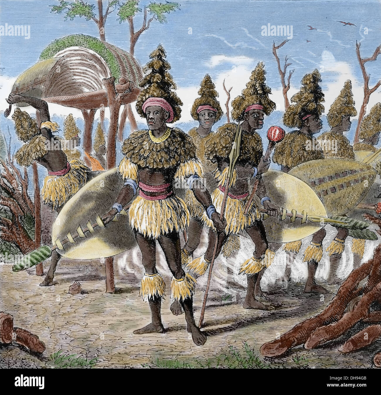 Africa. Zimbabwe. Matabele Warriors in what is present- day Zimbabwe. Engraving, 1876. Later colouration. Stock Photo