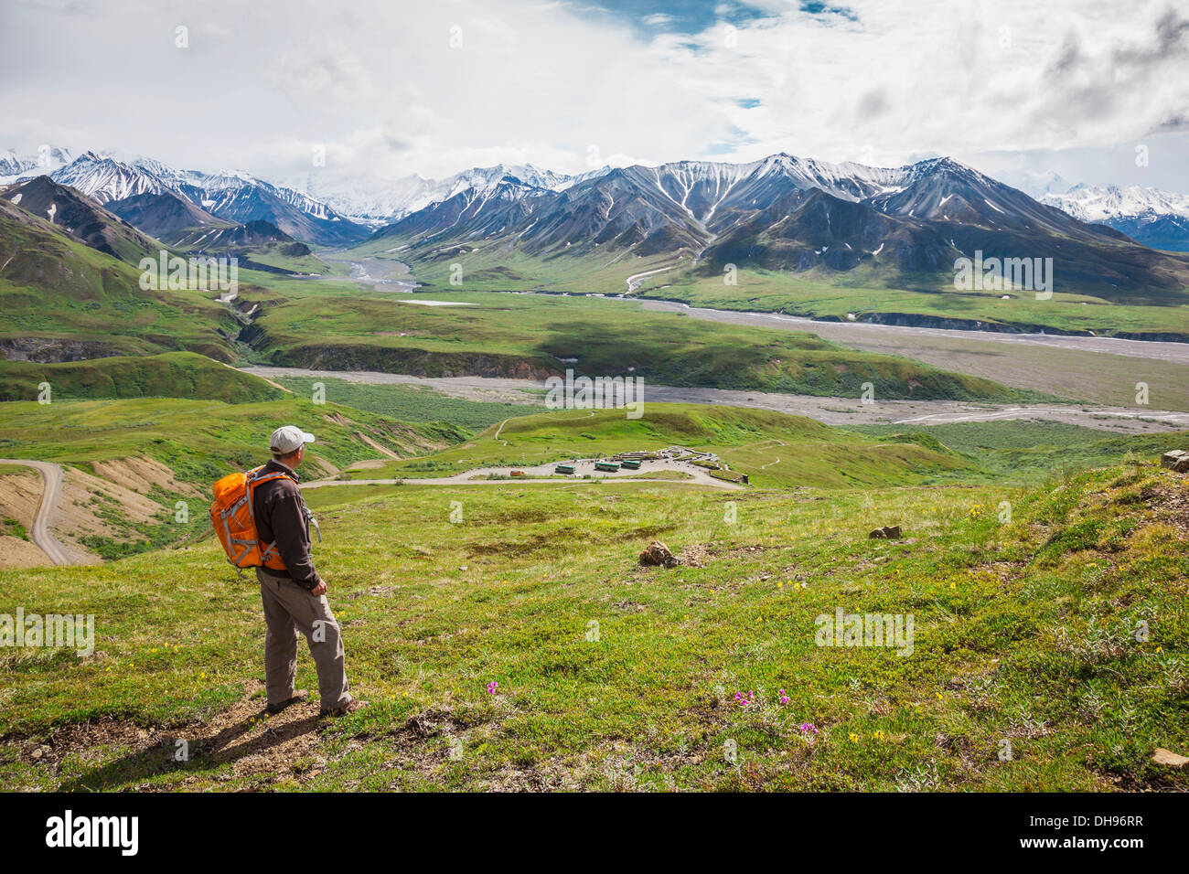 A Senior Male Hiker Stands On The Mountain Side Looking Down At The Eielson Visitor's Center In Denali National Park Stock Photo