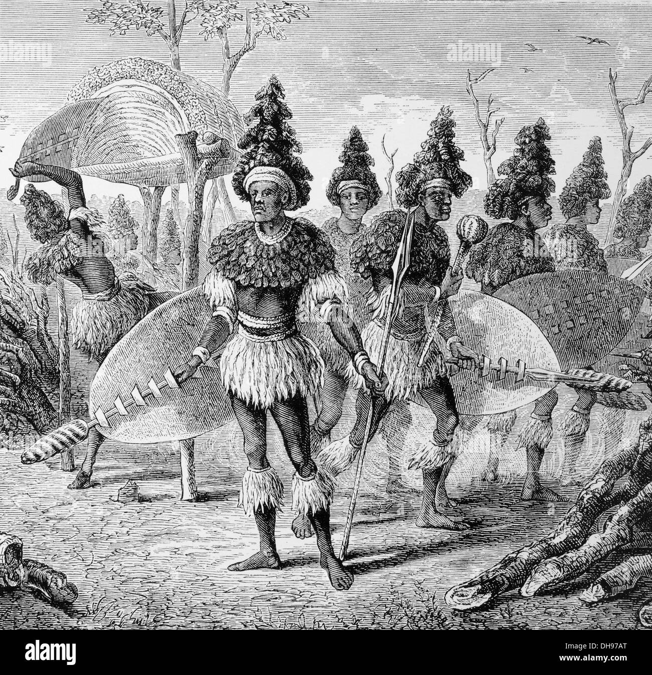 Africa. Zimbabwe. Matabele Warriors in what is present- day Zimbabwe. Engraving, 1876. Stock Photo