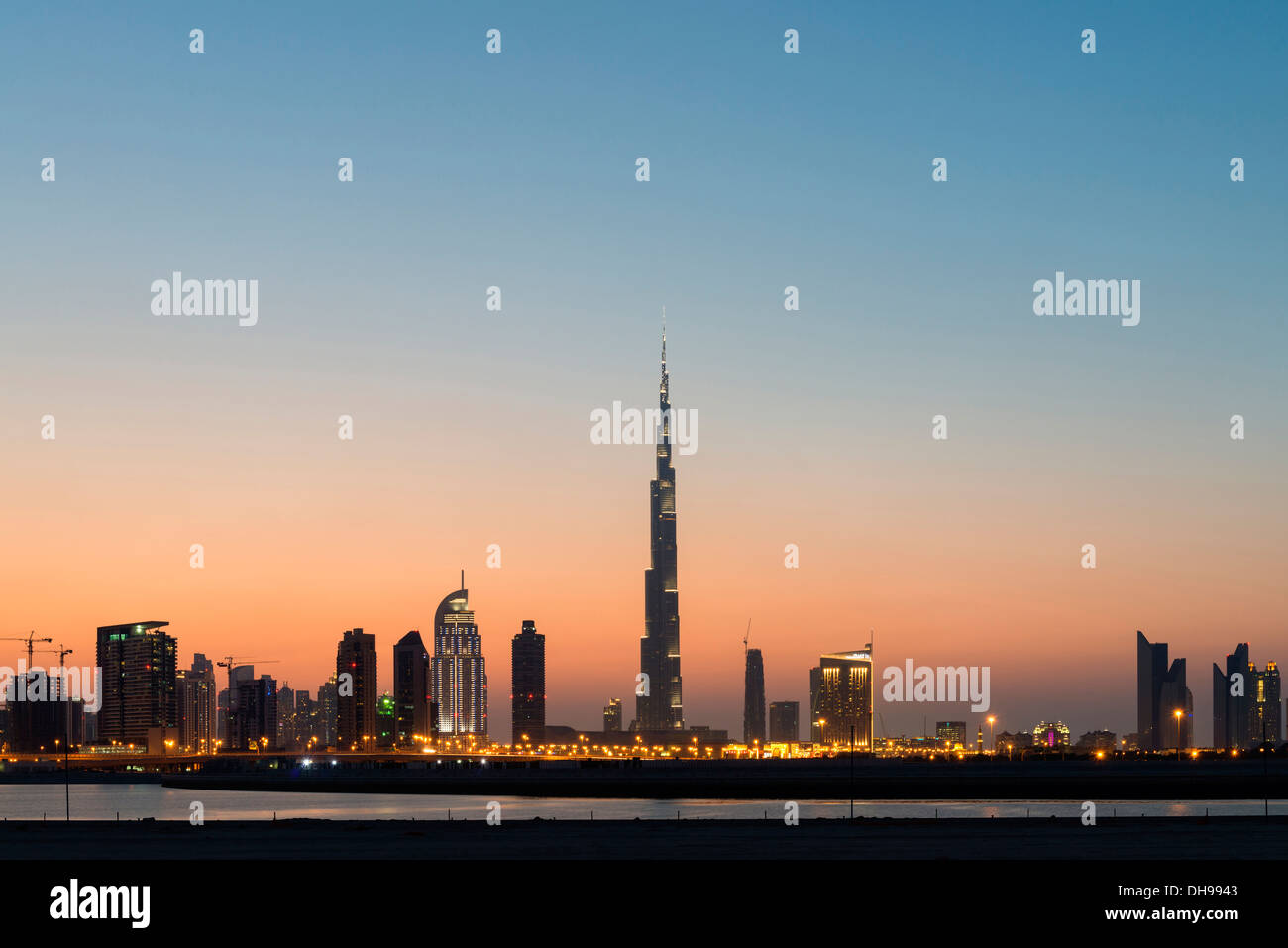 Evening view of Burj Khalifa tower and skyline of Dubai United Arab Emirates Stock Photo