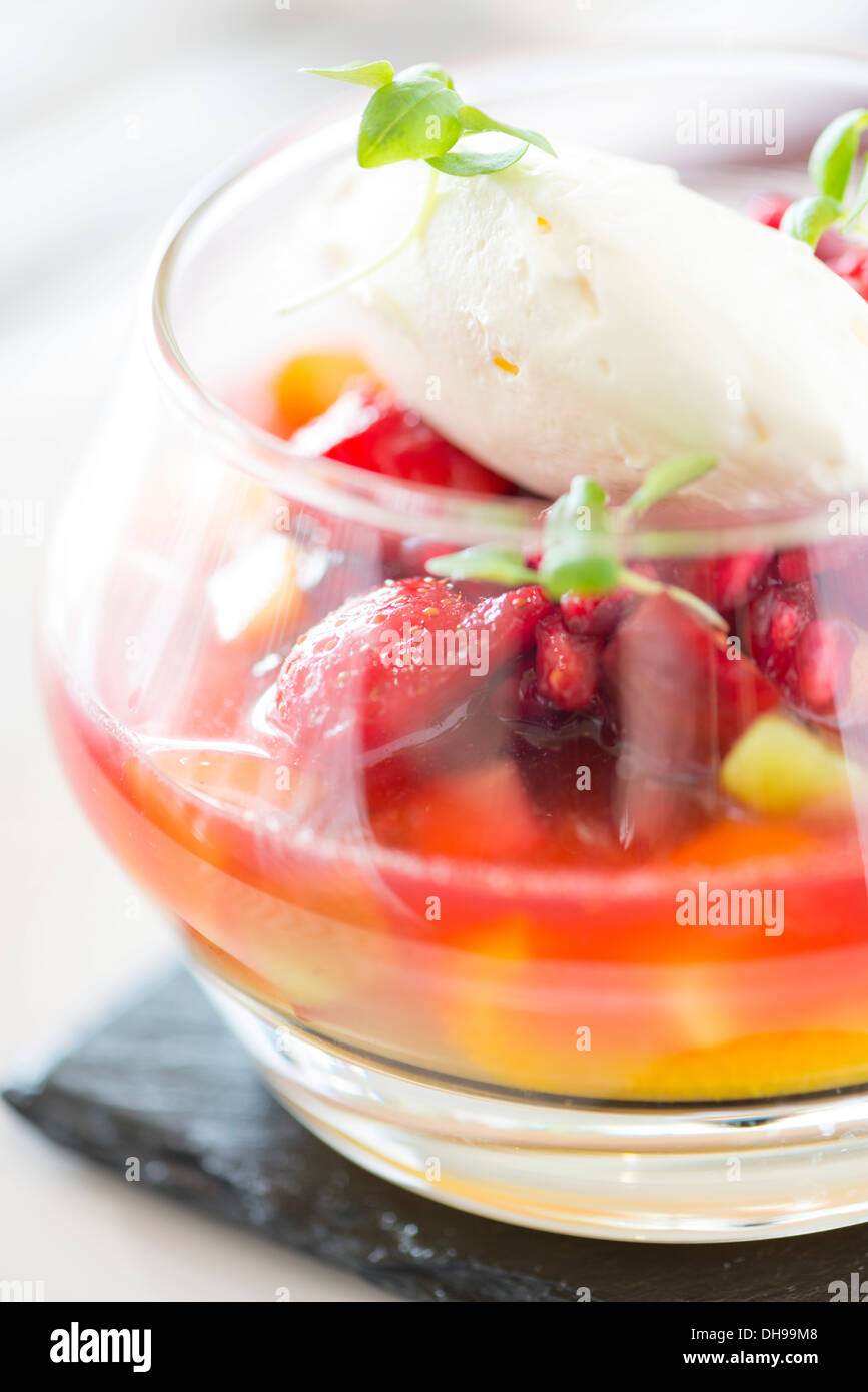 Mixed fruit berry and cream dessert from a fine dining restaurant Stock Photo