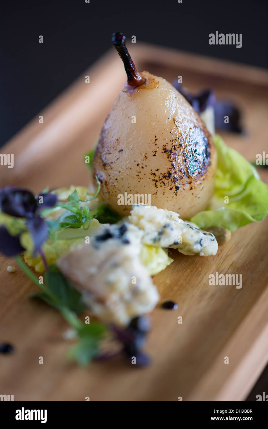 Pear and blue cheese afters from a fine dining restaurant Stock Photo
