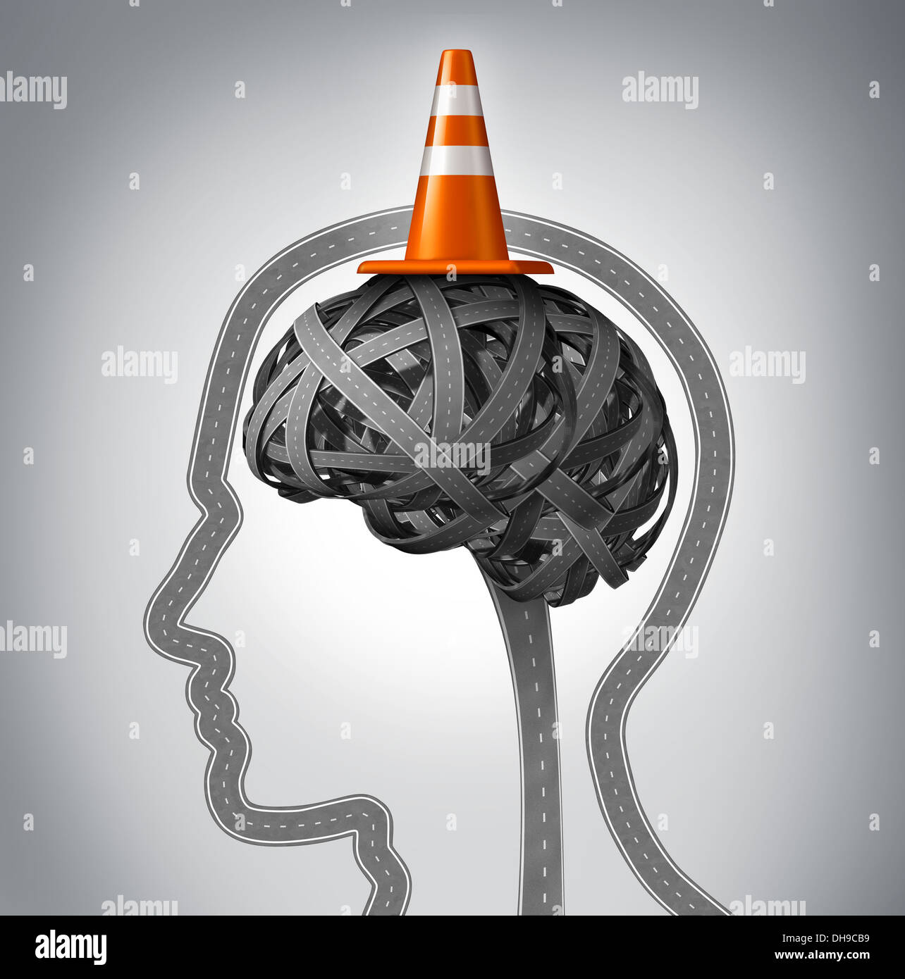Human brain repair as neurology therapy and memory damage medical concept with an orange traffic cone as a safety hat metaphor on a group of tangled roads in the shape of a human head. Stock Photo