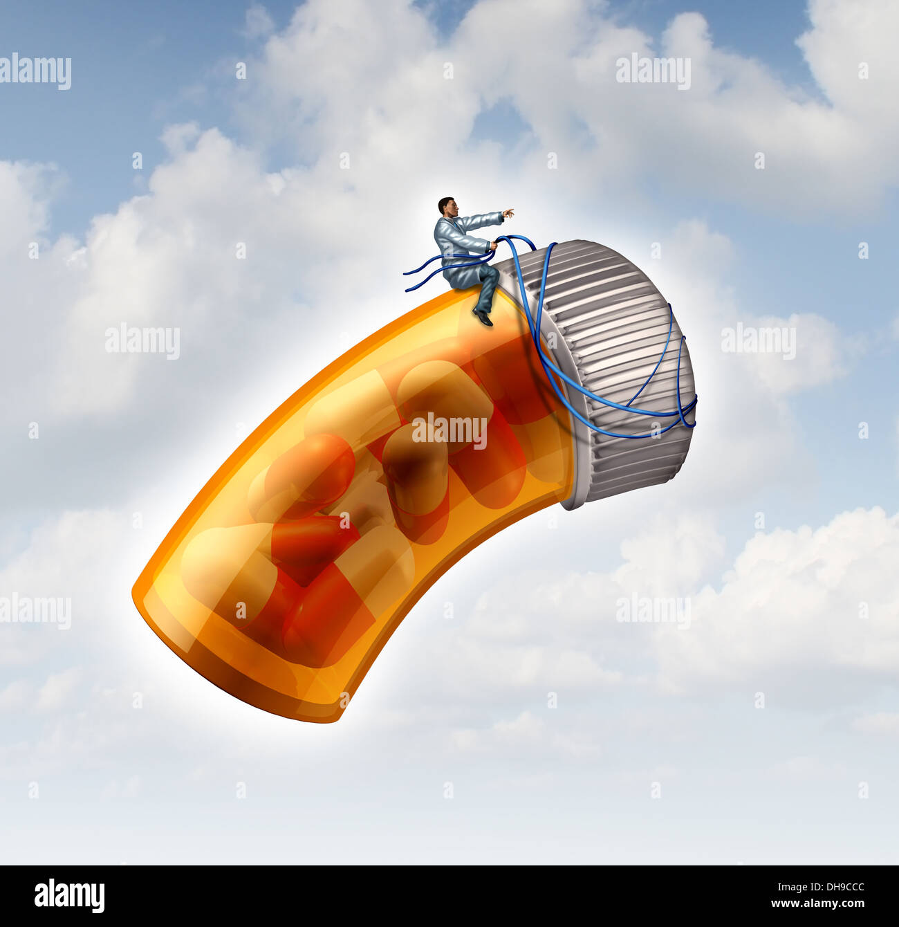 Medical prescription guide concept as a doctor or pharmacist taking control with a harness a flying pill bottle on a cloudy sky Stock Photo