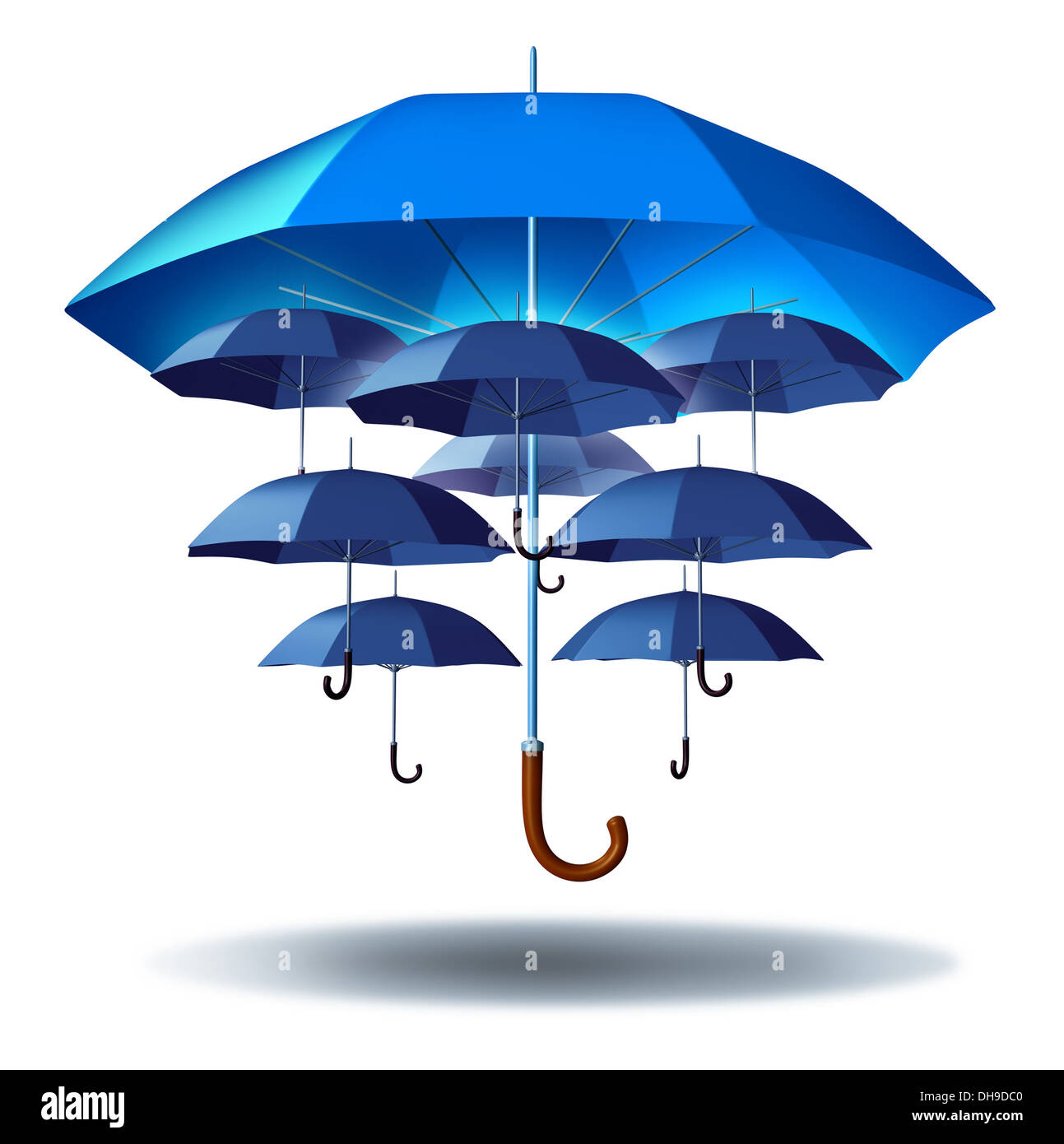 Business group protection and community security concept with a giant blue umbrella metaphor