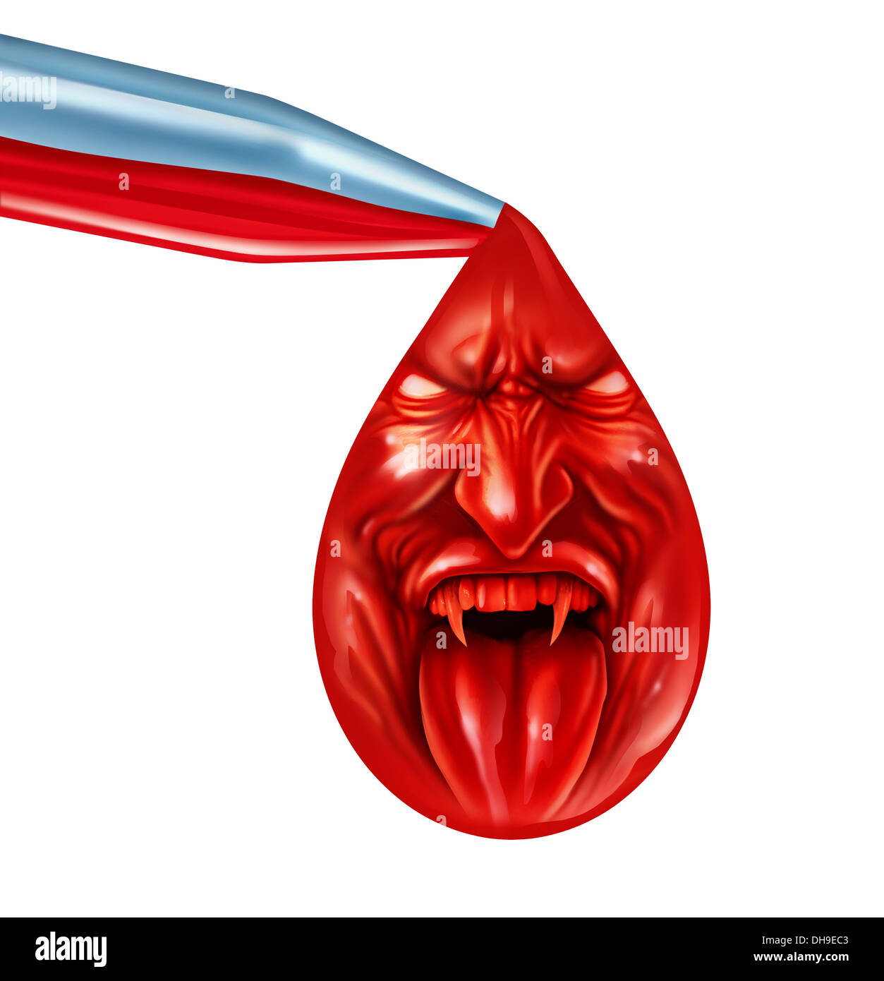 Tainted blood supply health care concept with a glass dropper with human red liquid dropping a single drop with the face of a demon with an evil expression as a medical metaphor for infectious disease screening safety and the dangers of contamination on w Stock Photo