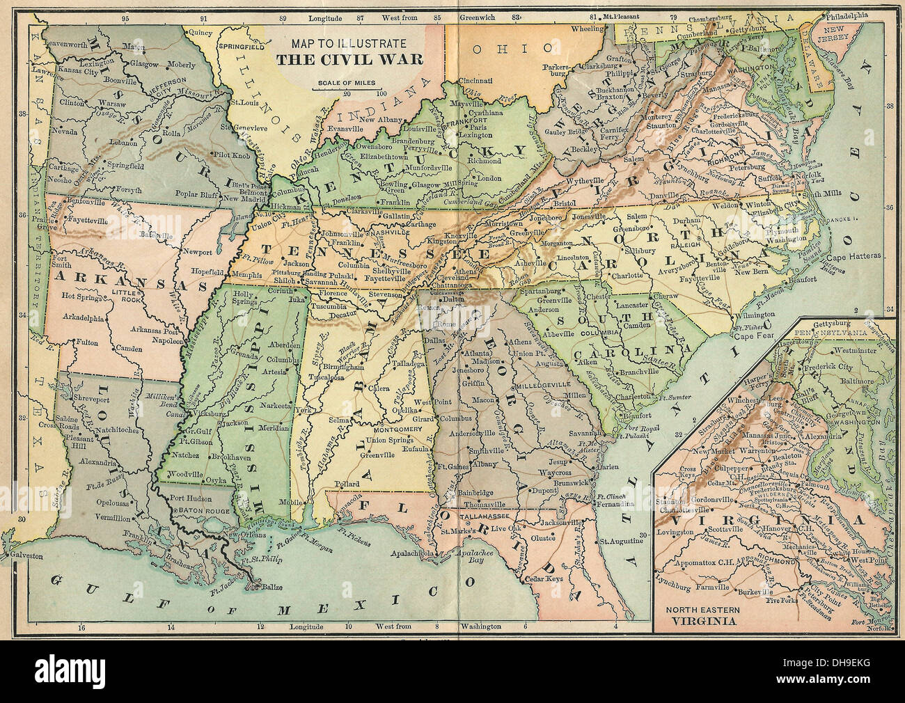 Map to illustrate the USA Civil War 1861-1865 Stock Photo