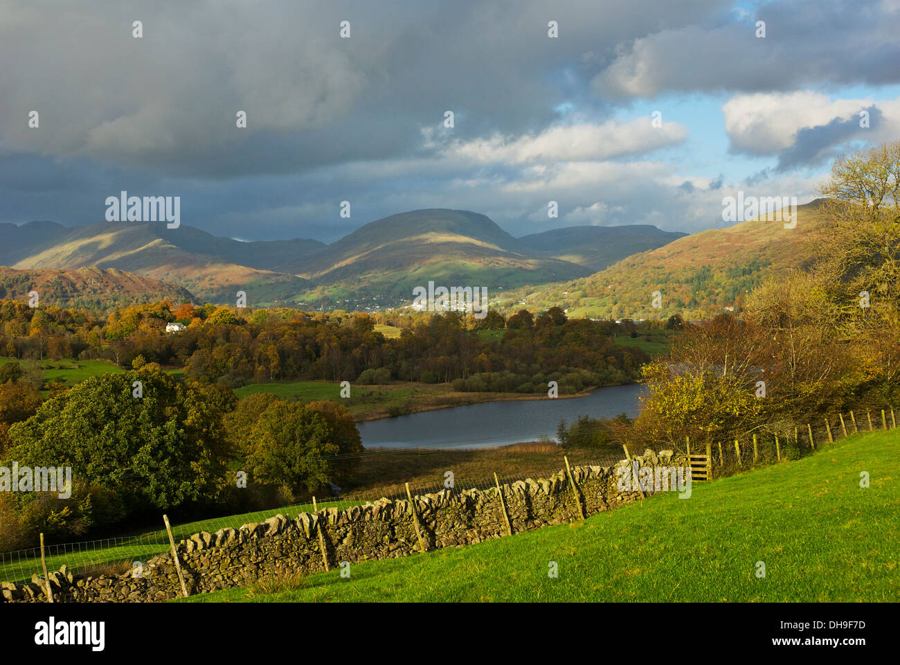 Blelham Tarn, looking towards Ambleside, Red Screes and Fairfield, Lake District National Park, Cumbria, England UK Stock Photo
