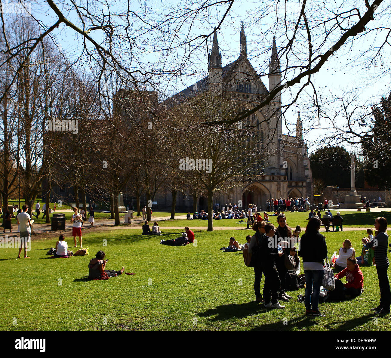 People enjoying the sunny weather in Winchester Winchester, Hampshire