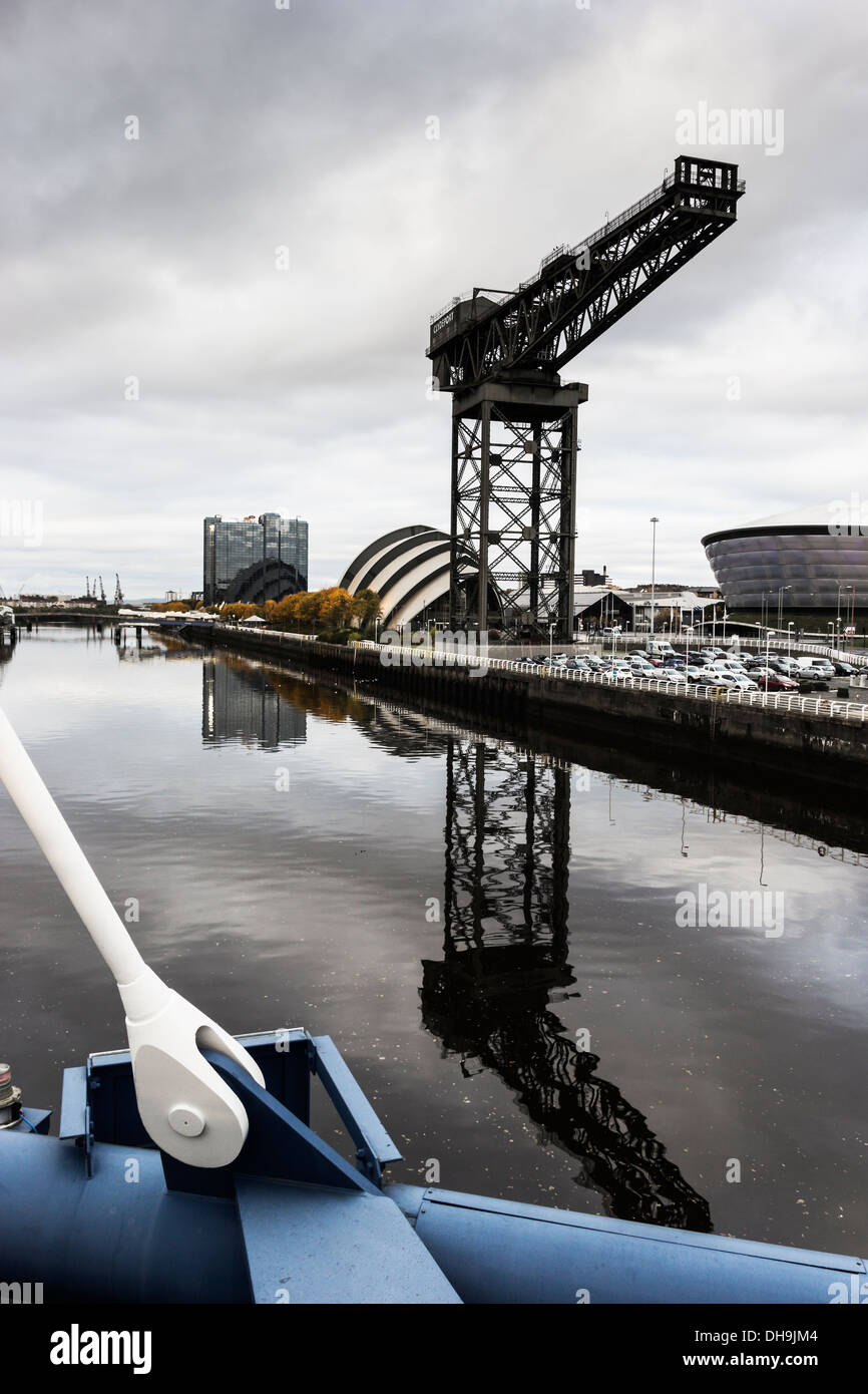 Glasgow quayside from the Clyde Arc Bridge with views of SSE Hydro, Scottish Exhibition and Conference Centre, Finnieston Crane Stock Photo