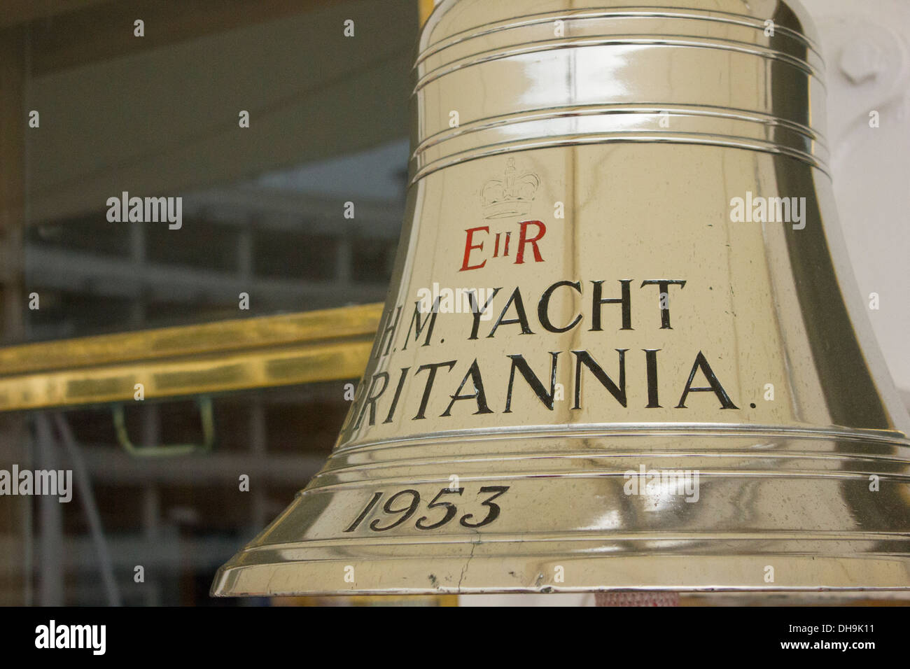 The bell on The Royal Yacht Britannia which is berthed in Edinburgh, Scotland. Stock Photo