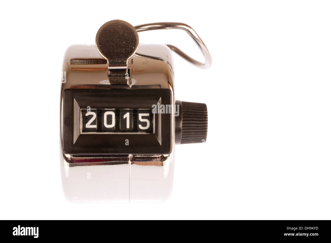 Chrome analog pedometer with is counter set at the year 2015 Stock Photo