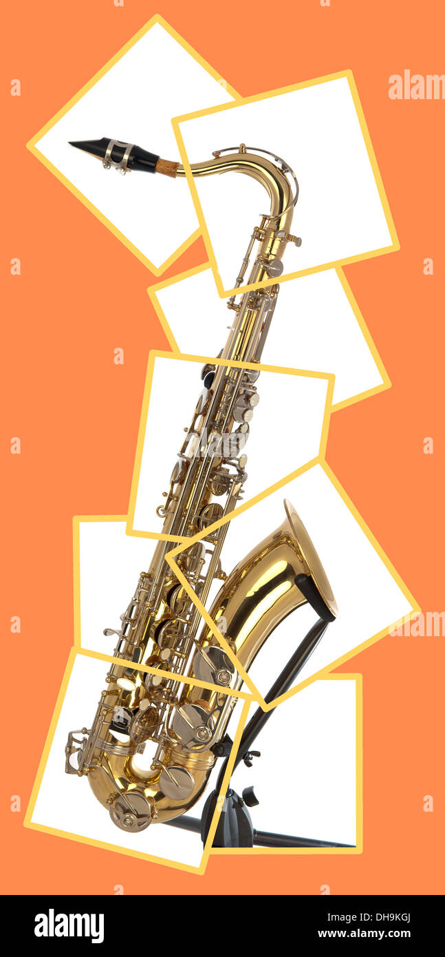 Brass tenor saxophone with silver valves and pearl buttons on a stand and in a boxed puzzle Stock Photo