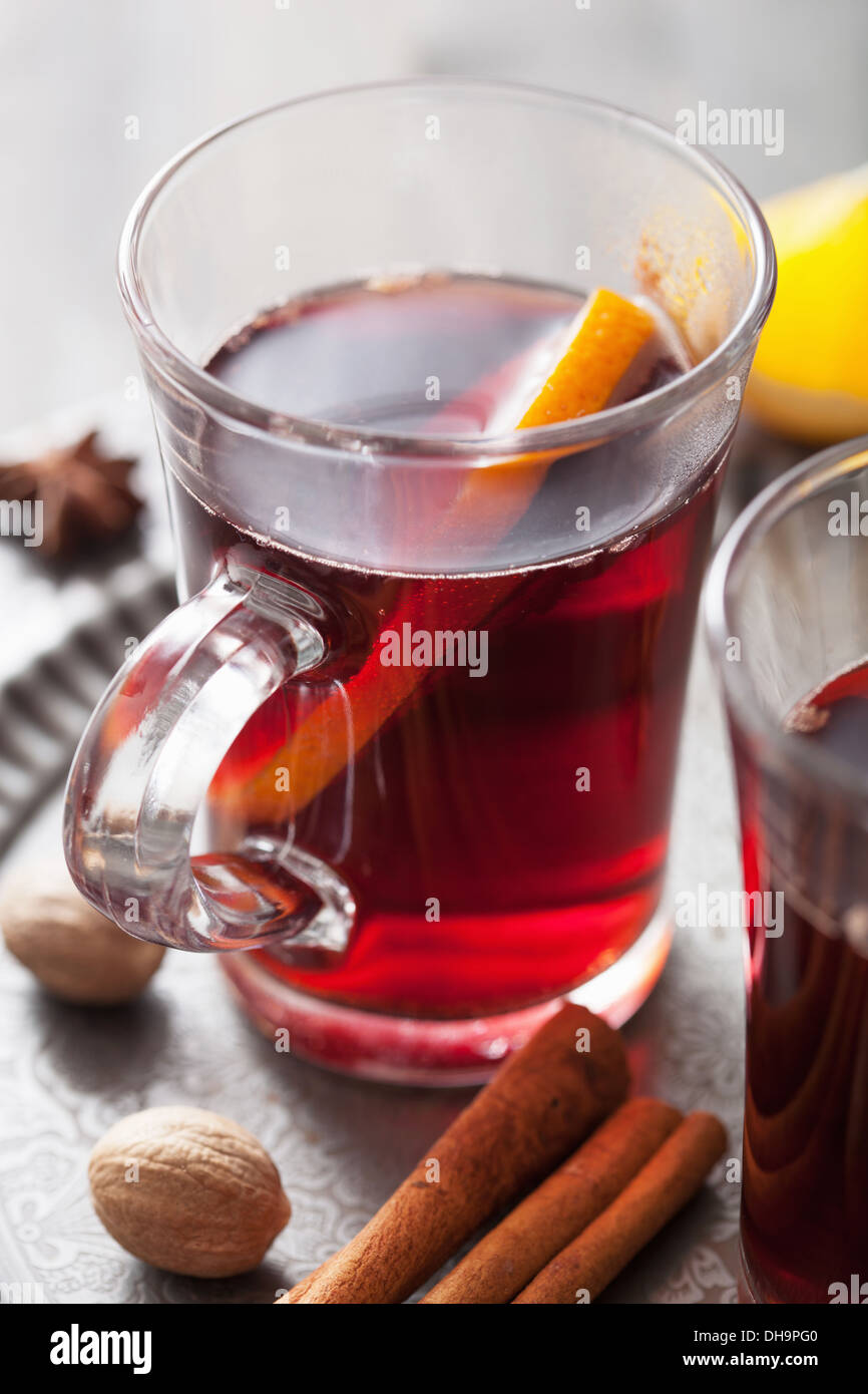 mulled wine with orange and spices Stock Photo