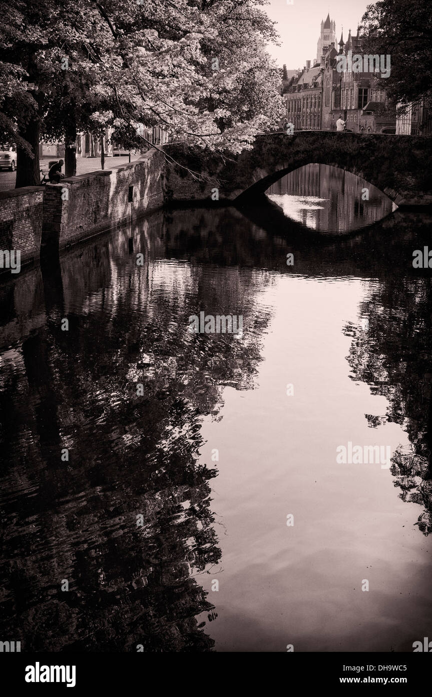 Monochrome image of a canal in Bruges, Belgium. Stock Photo
