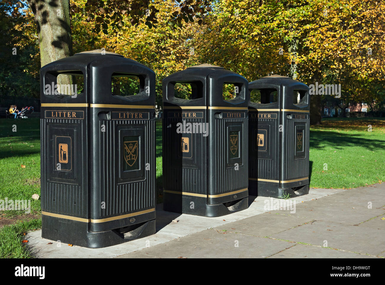 Close up of Three litter waste bins in a park York North Yorkshire England UK United Kingdom GB