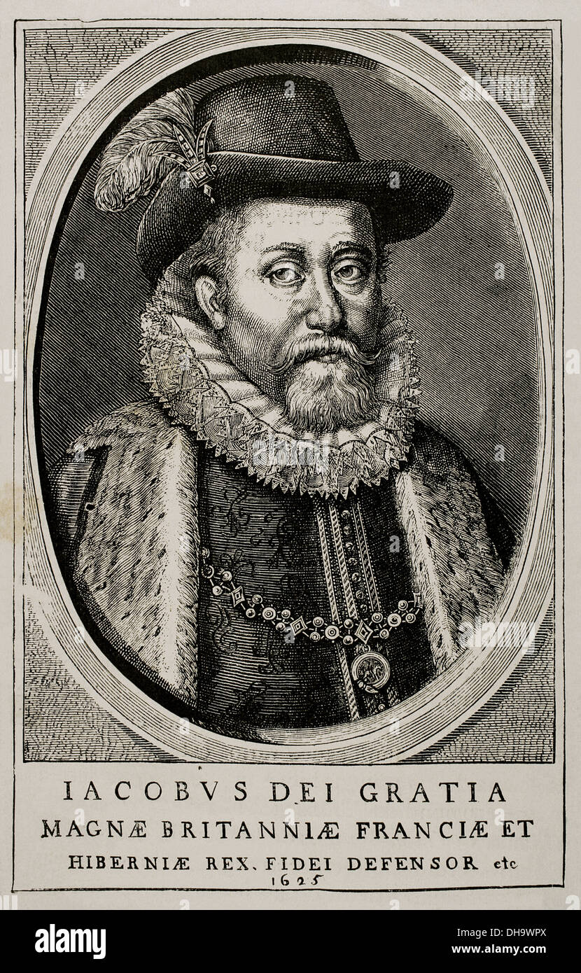 James VI of Scotland and I of England and Ireland (1566-1625). Portrait. Engraving. Stock Photo